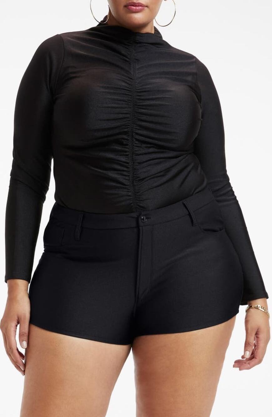 Good American Good Touch Disco Ruched Mock Neck Thong Bodysuit Black Size XXL